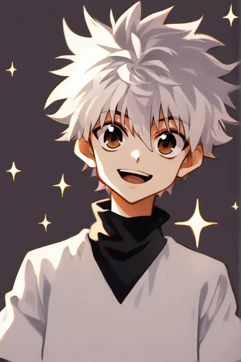 killua_zoldyck, 1boy, solo, looking at viewer, smile, short hair, open mouth, bangs, simple background, shirt, hair between eyes, brown eyes, white hair, :d, male focus, teeth, black shirt, sparkle, turtleneck, spiked hair, portrait, male child, rating_safe, score_6_up <lora:xl_char_killua_zoldyck:1.0>