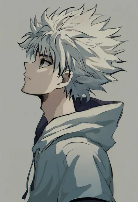 aullik, solo, short hair, bangs, simple background, 1boy, closed mouth, upper body, white hair, grey hair, male focus, hood, grey background, from side, grey eyes, hoodie, profile, hood down, spiked hair, messy hair, portrait <lora:xl_char_3090_aullik:1>