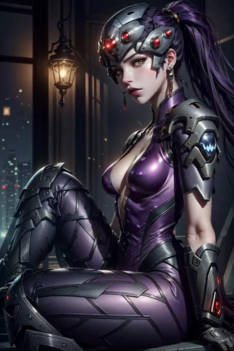 WidowOver, 1girl, widowmaker (overwatch), solo, head-mounted display, long hair, breasts, yellow eyes, sitting, colored skin, bodysuit, purple skin, gloves, ponytail, medium breasts, looking at viewer, knee up, armor, purple hair, shoulder armor, short sleeves, purple lips, pauldrons, black gloves, tattoo, boots, hair pulled back, stud earrings, lips, center opening, night, makeup, cleavage, shoulder pads, gauntlets, pink bodysuit, earrings, knee boots, lipstick, closed mouth, nose, from side, jewelry, bokeh
<lora:epi_noiseoffset2:1>, <lora:WidowOver:0.7>