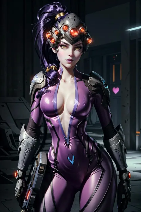 (masterpiece, best quality)
1girl, solo, long hair, breasts, looking at viewer, gloves, holding, cleavage, medium breasts, collarbone, yellow eyes, ponytail, weapon, purple hair, heart, cowboy shot, black gloves, lips, gun, bodysuit, makeup, colored skin, holding gun, contrapposto, nose, center opening, purple skin, hair pulled back, purple lips, pink bodysuit, head-mounted display, plunging neckline, widowmaker \(overwatch\), WidowOver
<lora:epi_noiseoffset2:1>, <lora:WidowOver:0.8>