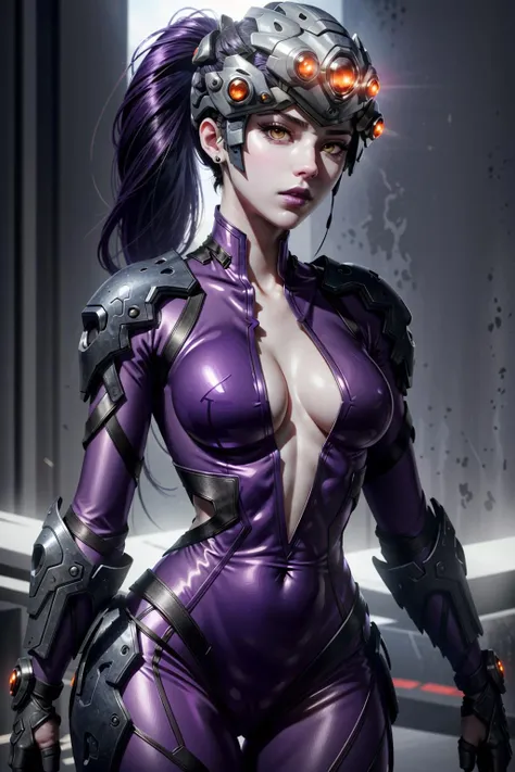 WidowOver, 1girl, widowmaker (overwatch), solo, head-mounted display, yellow eyes, long hair, colored skin, purple skin, ponytail, purple lips, jewelry, earrings, bodysuit, hair pulled back, lips, breasts, purple hair, upper body, stud earrings, makeup, looking at viewer, nose, lipstick, pink bodysuit, pauldrons, shoulder armor, medium breasts, closed mouth
<lora:epi_noiseoffset2:1>, <lora:WidowOver:0.7>
