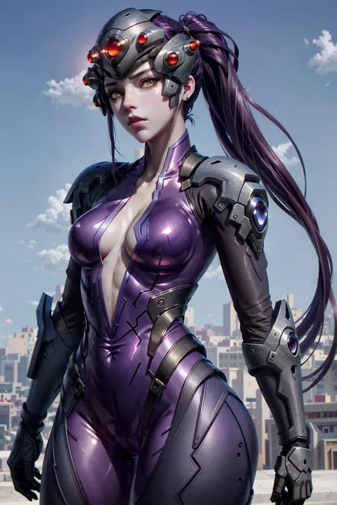 WidowOver, 1girl, solo, widowmaker \(overwatch\), head-mounted display, yellow eyes, colored skin, long hair, ponytail, breasts, looking at viewer, purple skin, upper body, purple hair, bodysuit, gradient, medium breasts, pink bodysuit, cleavage, hair pulled back, parted lips, lips
<lora:epi_noiseoffset2:1>, <lora:WidowOver:0.8>