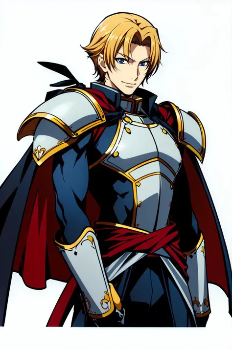 <lora:Atsuko Nakajima:0.75> simple background, white background, cowboy shot,, ultra detailed, masterpiece, best quality, aesthetic, detailed,, solo, smile, 1boy, blue eyes, medium blonde hair, parted bangs, hair intakes, male focus, muscular male,, armor, pauldrons, cuirass, gauntlets, waist cape, greaves, black bodysuit, surcoat, shoulder sash, wing shoulder armor, cape, pants,
