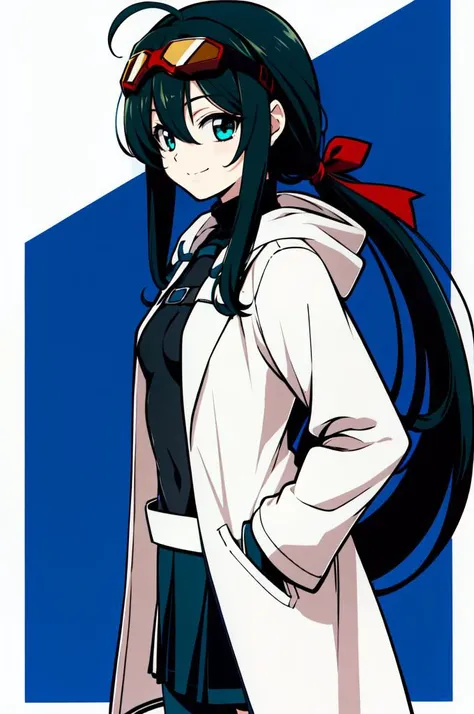<lora:Atsuko Nakajima:0.75> simple background, white background, cowboy shot,, ultra detailed, masterpiece, best quality, aesthetic, detailed,, solo, soft smile, light smile, 1girl, aqua eyes, black hair, <lora:low_ponytail-1.0:0.95> low ponytail, ahoge, absurdly long hair, very long hair, hair flaps, hair between eyes, bangs, messy hair, small breasts, (goggles on head:1.2),, hooded coat, open coat, turtleneck, capri pants, black knee boots, multiple straps, white coat, layered clothes, hair ribbon, pants under skirt,