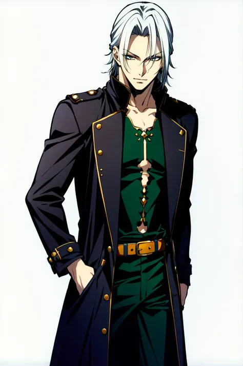 <lora:Atsuko Nakajima:0.75> simple background, white background, cowboy shot,, ultra detailed, masterpiece, best quality, aesthetic, detailed,, solo, 1boy, teal eyes, <lora:Tsurime3:1>, (tsurime:1.2), parted bangs, white hair, medium hair, straight hair, shoulder-length hair, male focus,, coat, shirt, pants, studded belt, multiple belts, combat boots, torn clothes, necklace, black coat, black and green theme,