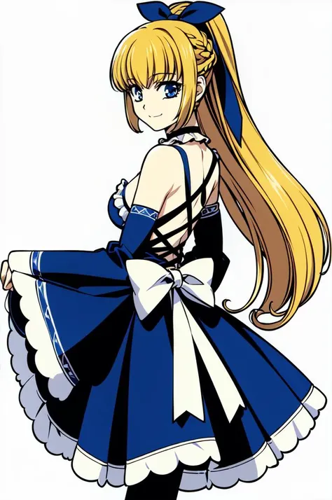 <lora:Atsuko Nakajima:0.75> simple background, white background, white and blue theme,, ultra detailed, masterpiece, best quality, aesthetic, detailed,, solo, soft smile, light smile,
1girl, blue eyes, very long hair, blonde hair, long blonde hair, french braid, bangs, medium breasts,, hair ribbon, frilled choker, criss-cross halter, sleeveless dress, high-waist skirt, backless dress, waist bow, detached sleeves, frilled sleeves, wide sleeves, pantyhose, patterned legwear, mary janes,