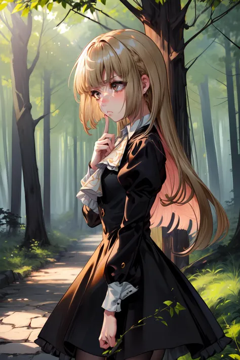 masterpiece,best quality,1girl,(chibi),umirosa,blunt bangs,brown eyes,hime cut,long hair,ascot,dress,black dress,pantyhose,(panicking,confused,frown),walking,(looking to the side),(finger to mouth),get lost in forest,outdoors,from side,<lora:umi_rosa:0.8>,<lora:Concept-control tool-add_detail-CyberAIchemist:1>,