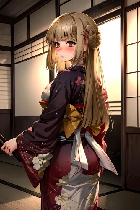 masterpiece,best quality,1girl,umirosa,blunt bangs,brown eyes,hime cut,long hair,blush,(kimono),tatami,standing,looking back,cowboy shot,from behind,<lora:umi_rosa:0.8>,