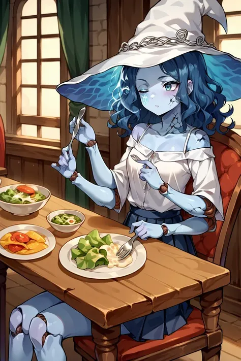 score_9, score_8_up, source_anime, 1girl, solo BREAK  <lora:Ranni_XLPD:1> IncrsXLRanni, wavy hair, cracked skin, blue skin, colored skin, extra arms, extra faces, doll joints, witch hat, white camisole, pleated skirt, table, chair, salad, holding fork, holding spoon, sitting, holding knife