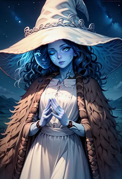 score_9, score_8_up, score_7_up, 1girl, solo, IncrsXLRanni, wavy hair, cracked skin, blue skin, colored skin, extra arms, extra faces, doll joints, white dress, witch hat, brown cloak, starry sky, outdoors, night, black sky, <lora:Ranni_XLPD_CAME:1.0>