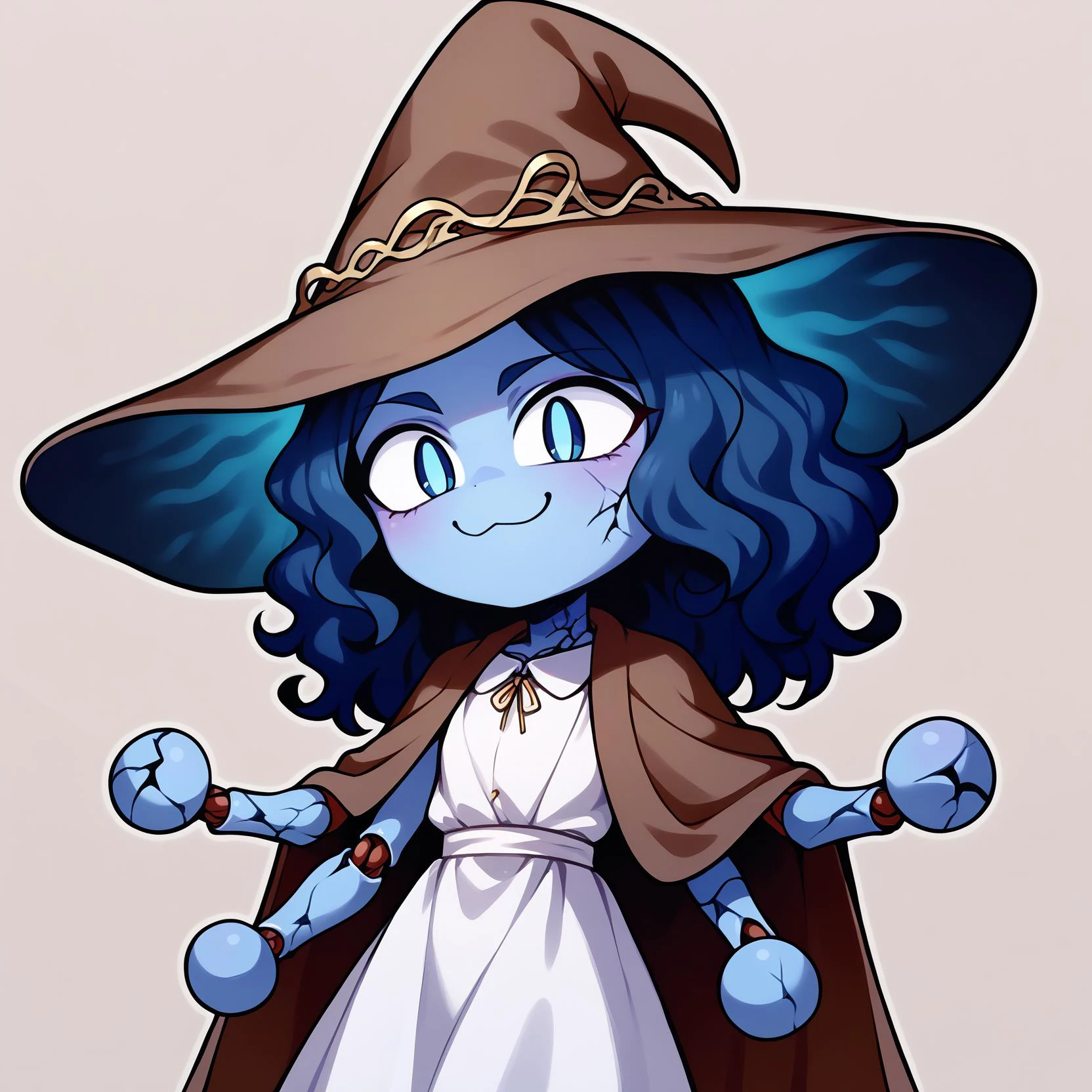 score_9, score_8_up, score_7_up, score_6_up, BREAK simple background,slit pupils, chibi, :3,necoarc, IncrsXLRanni,wavy hair, cracked skin, blue skin, colored skin, (extra arms:1.3), extra faces, doll joints,white dress, witch hat, brown cloak, <lora:Ranni_XLPD_CAME:0.8> <lora:necoarc-guy-PONY-v1:1>