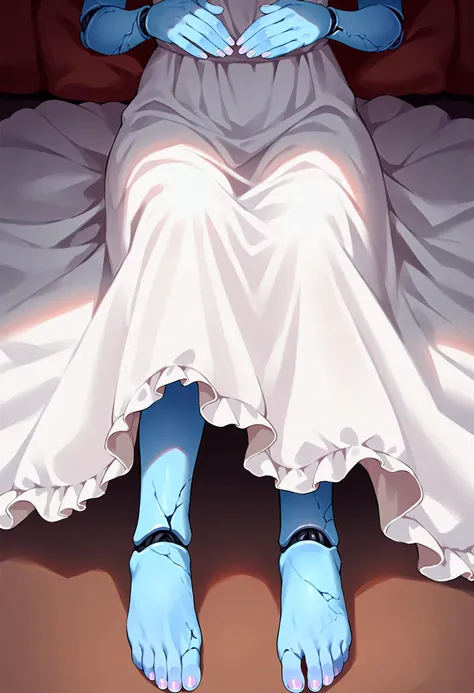 score_9, score_8_up, score_7_up, source_anime, 1girl,<lora:Ranni_XLPD_CAME:0.8> IncrsXLRanni, wavy hair, cracked skin, blue skin, colored skin,doll joints,lower body, barefoot, white dress,toenails, toenail polish,