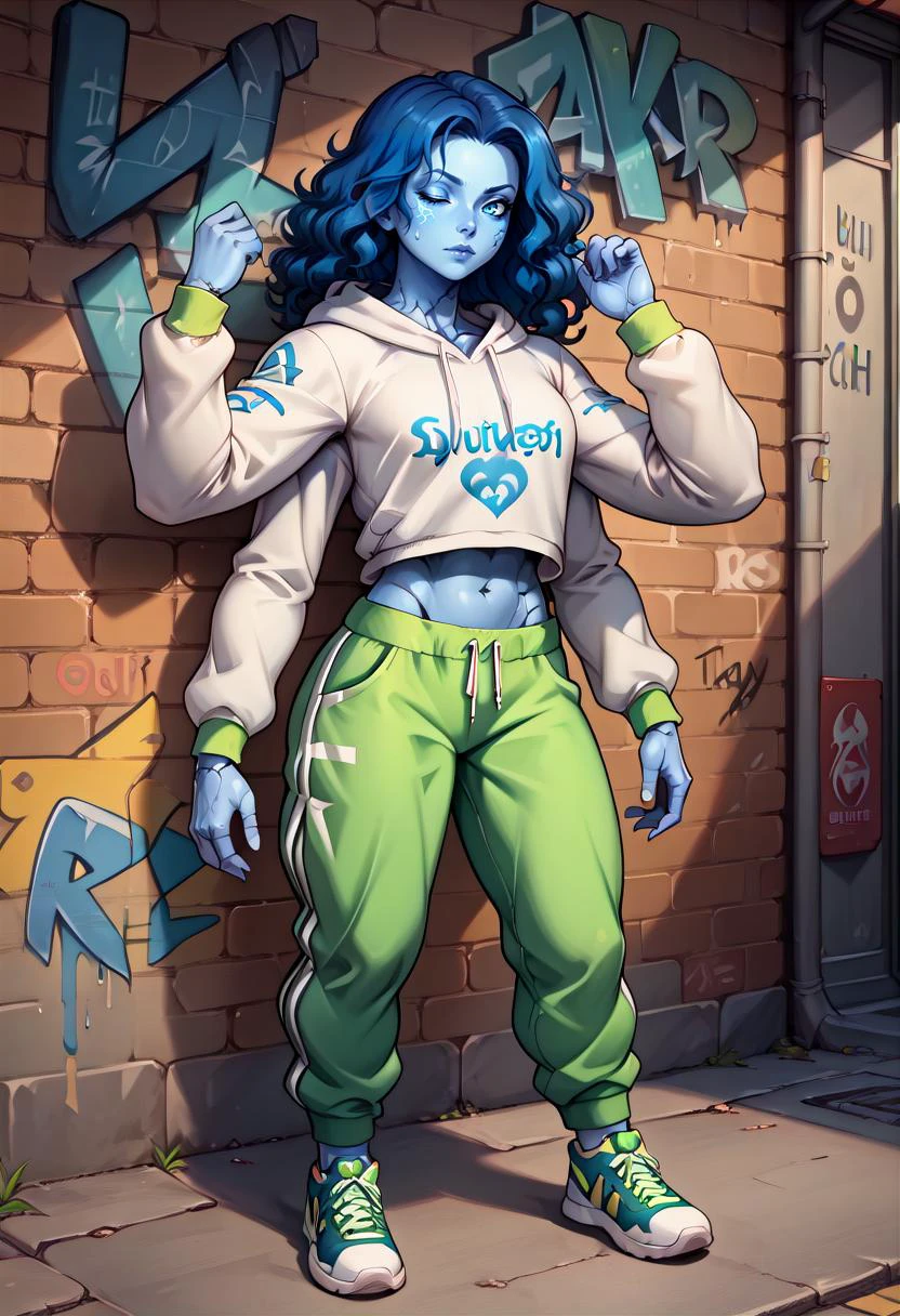 score_9, score_8_up, score_7_up, 1girl, solo, IncrsXLRanni, wavy hair, cracked skin, blue skin, colored skin, (extra arms, extra faces), doll joints, urban and street style, graffiti-inspired colors, cool and edgy attire, sweatpants, hoodie, stylish sneakers, fashionable accessories, hip hop jewelry, confident expression, graffiti walls, energetic and vibrant atmosphere, <lora:Ranni_XLPD_CAME:1.0>
