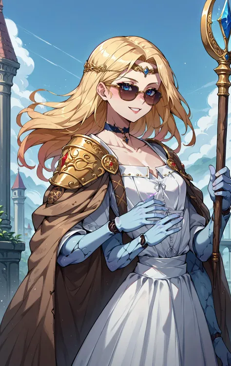 score_9, score_8_up, score_7_up, score_6_up, score_5_up, score_4_up, BREAK source_anime,solo,bottomless, rating_explicit,
thigh gap,sunglasses, choker,blonde,golden jewelry,smiling
<lora:edgNadiaPony:0.8> nadia, medieval armor,zettai ryouiki,pleated skirt,circlet,portrait,magic staff BREAK
<lora:Ranni_XLPD_CAME:1> IncrsXLRanni, wavy hair, cracked skin, colored skin, blue skin, (extra faces), extra arms, doll joints, white dress, hat, brown cloak