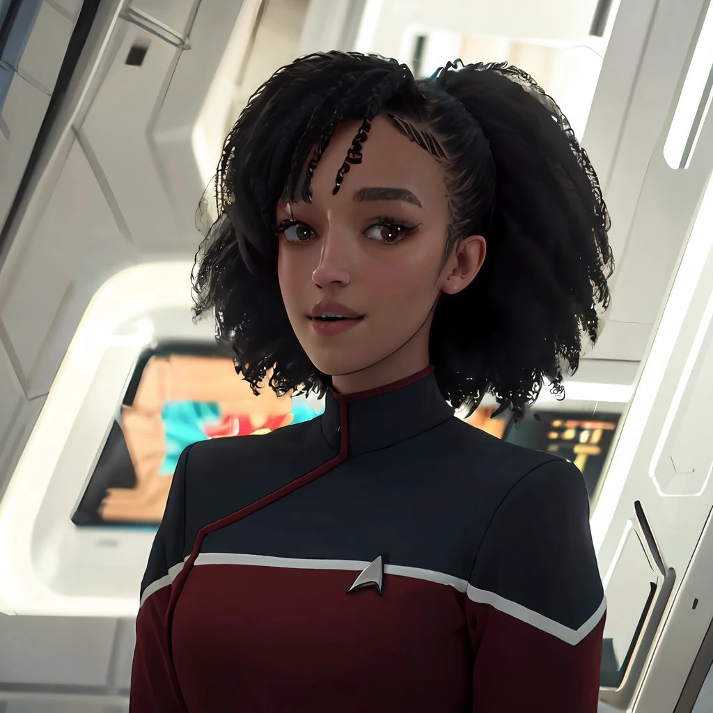 high quality rendering of <lora:tawny_newsome:1> tawny_newsome wearing a red <lora:STTLDV1:1> sttldunf
dark skin, puffy black hair, afro