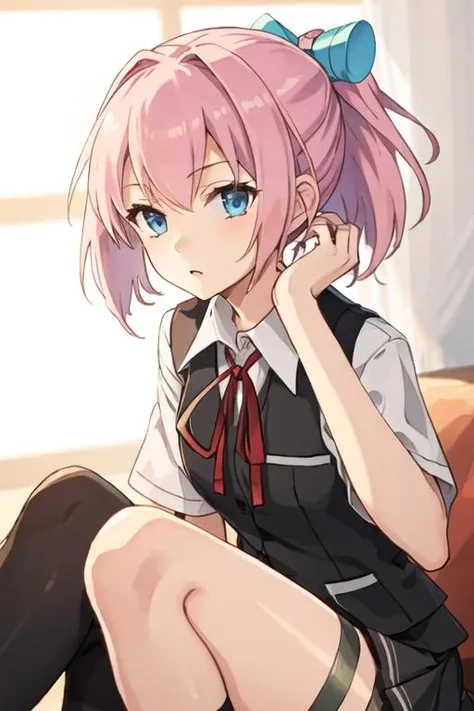 best quality, masterpiece, highres, solo, {shiranui_kantaicollection:1.15}, pink_hair, short_hair, ponytail, blue_eyes, ribbon, vest, neck_ribbon, red_ribbon, hair_ornament