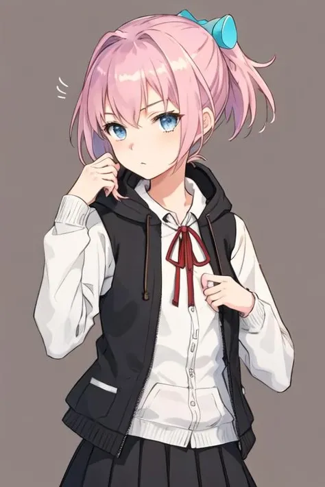 best quality, masterpiece, highres, solo, {shiranui_kantaicollection:1.15}, pink_hair, short_hair, ponytail, blue_eyes, ribbon, vest, neck_ribbon, red_ribbon, hair_ornament, 1girl, alternate_costume, casual, looking_at_viewer, shirt, simple_background, striped, striped_shirt, twitter_username, jacket, long_sleeves, brown_background, character_name, hood, upper_body