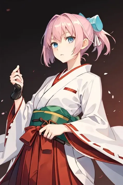 best quality, masterpiece, highres, solo, {white kimono:1.35}, {red hakama:1.35}, {wide sleeves:1.20}, {shiranui_kantaicollection:1.15}, pink_hair, short_hair, ponytail, blue_eyes, ribbon, vest, neck_ribbon, red_ribbon, hair_ornament