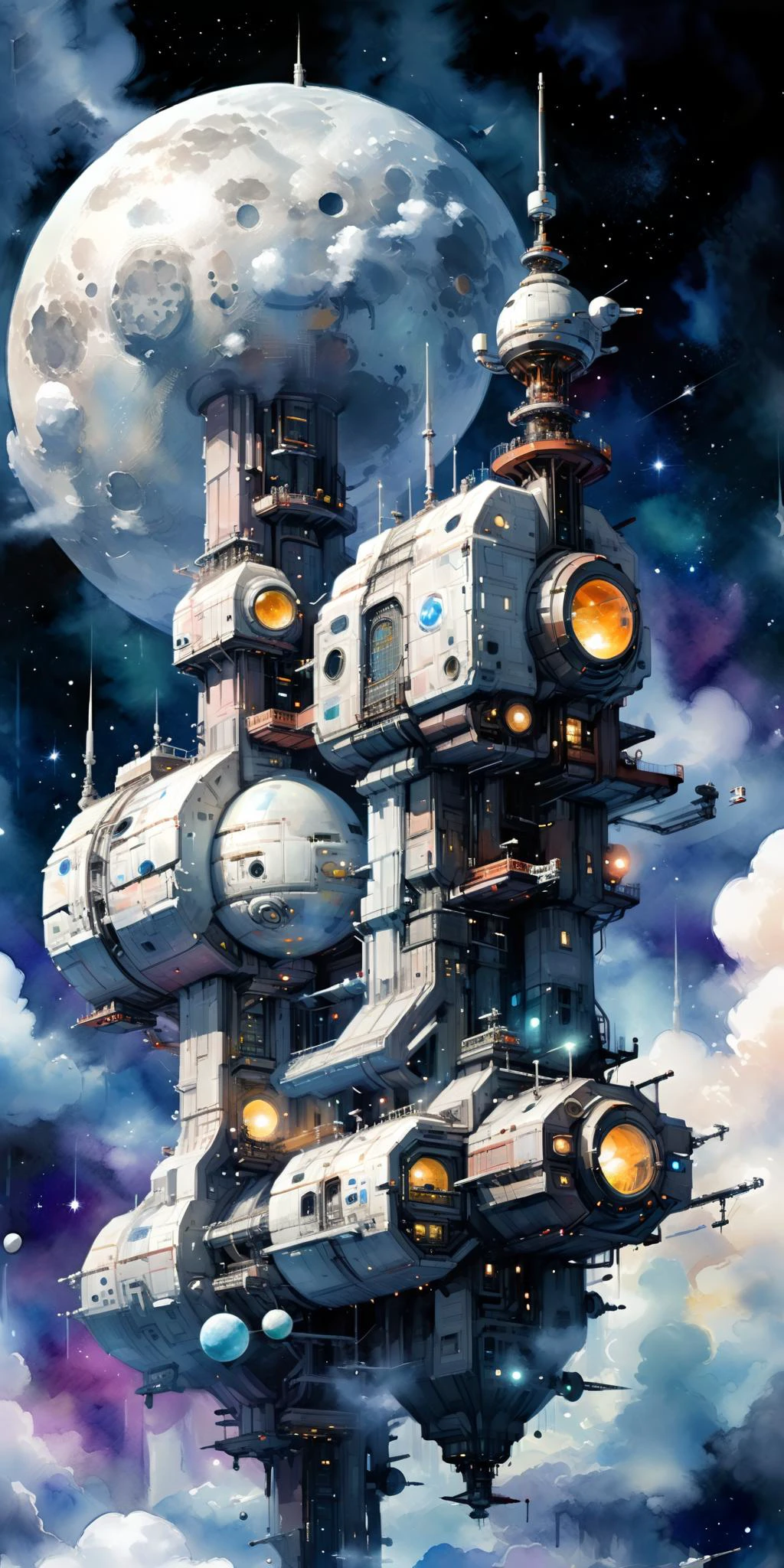 space station, moon in the background, cloud, science_fiction, sky, outdoors, scenery <lora:xl_more_art-full_v1:1> <lora:add-detail-xl:1> <lora:Retro_Illustration:1> 2d game scene, oil and watercolor painting, (masterpiece:1.2), best quality