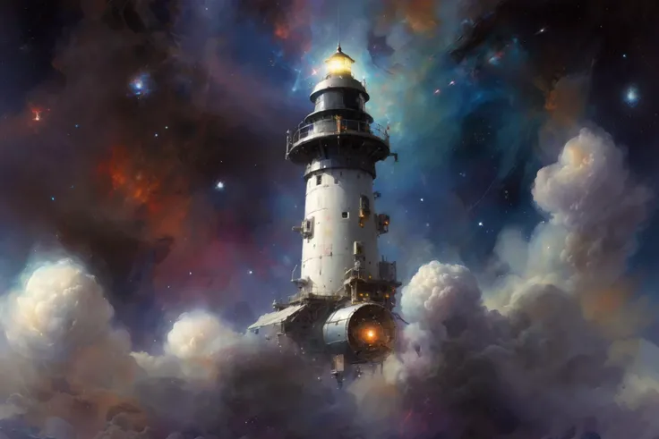 <lora:Retro_Illustration:1> 2d game scene, oil and watercolor painting, a space station that looks like a lighthouse sitting on an asteroid in a space nebula <lora:FusionDraw9257_Nebula_SDXL:1> nebula, stardust, (masterpiece:1.2), best quality