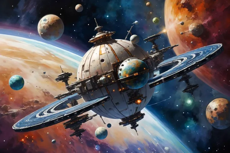 <lora:Retro_Illustration:1> 2d game scene, oil and watercolor painting, mediaeval looking space station in orbit of a planet, star dust, steam, space nebula, asteroids, (masterpiece:1.2), best quality, (masterpiece:1.2), best quality, (masterpiece:1.2), best quality