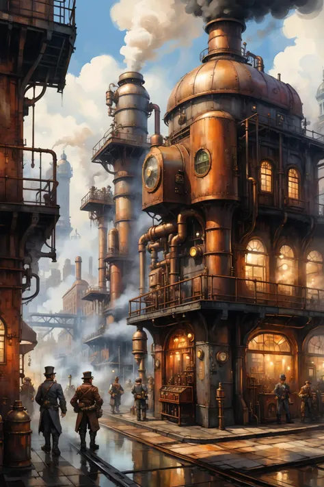 <lora:Retro_Illustration:1> 2d game scene, oil and watercolor painting, scenery, steam punk city, steam, (masterpiece:1.2), best quality