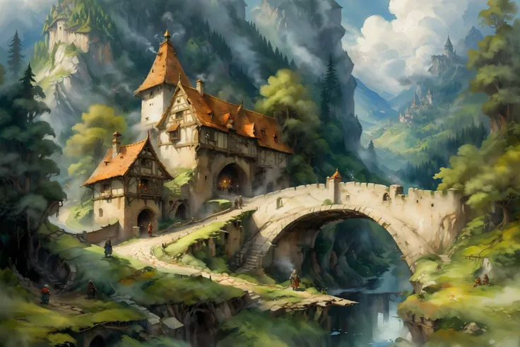 mediaeval hamlet, mountain, bridge, forest, people, clouds, smoke, fog <lora:xl_more_art-full_v1:1> <lora:Retro_Illustration:1> 2d game scene, oil and watercolor painting,, (masterpiece:1.2), best quality