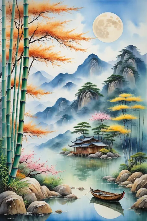 oil and watercolor painting,
After the new rain in the empty mountains,the weather comes late to autumn.,
The moon between pine,clear spring stone upper.Bamboo noisy return to the female,lotus move under the fishing boat.,
Let the spring blossom rest,the king can stay,