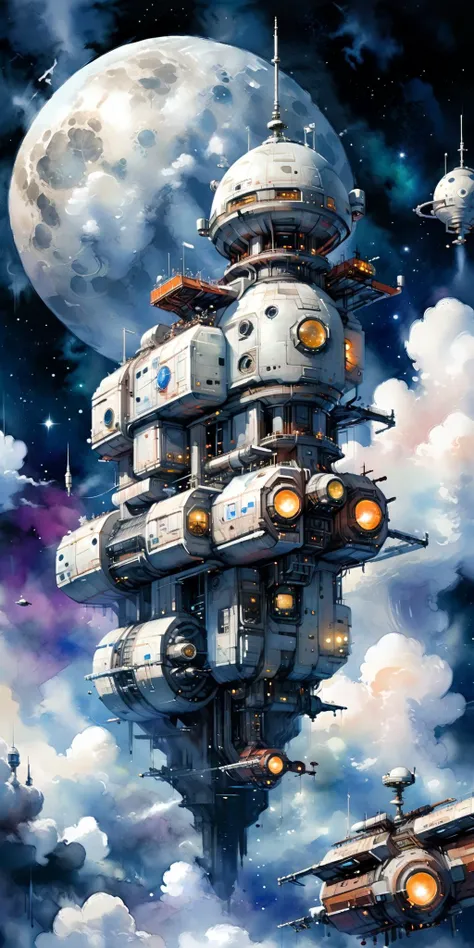 space station, moon in the background, cloud, science_fiction, sky, outdoors, scenery <lora:xl_more_art-full_v1:1> <lora:add-detail-xl:1> <lora:Retro_Illustration:1> 2d game scene, oil and watercolor painting, (masterpiece:1.2), best quality