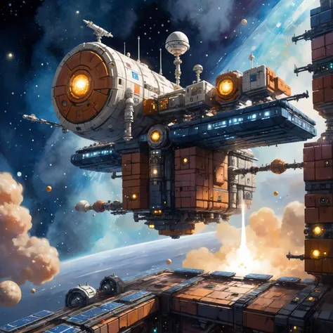 <lora:Retro_Illustration:1> 2d game scene, oil and watercolor painting, space station made of bricks, star dust, steam, bokeh, (masterpiece:1.2), best quality