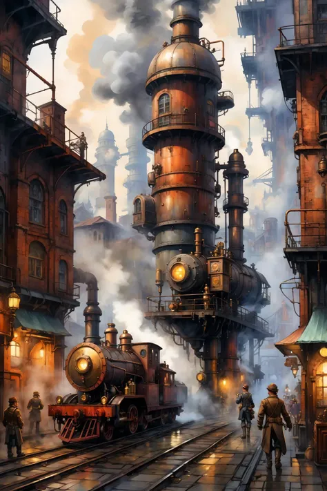 <lora:Retro_Illustration:1> 2d game scene, oil and watercolor painting, scenery, steam punk city, steam, (masterpiece:1.2), best quality