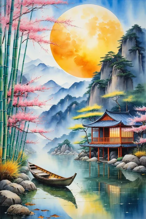 oil and watercolor painting,
After the new rain in the empty mountains,the weather comes late to autumn.,
The moon between pine,clear spring stone upper.Bamboo noisy return to the female,lotus move under the fishing boat.,
Let the spring blossom rest,the king can stay,