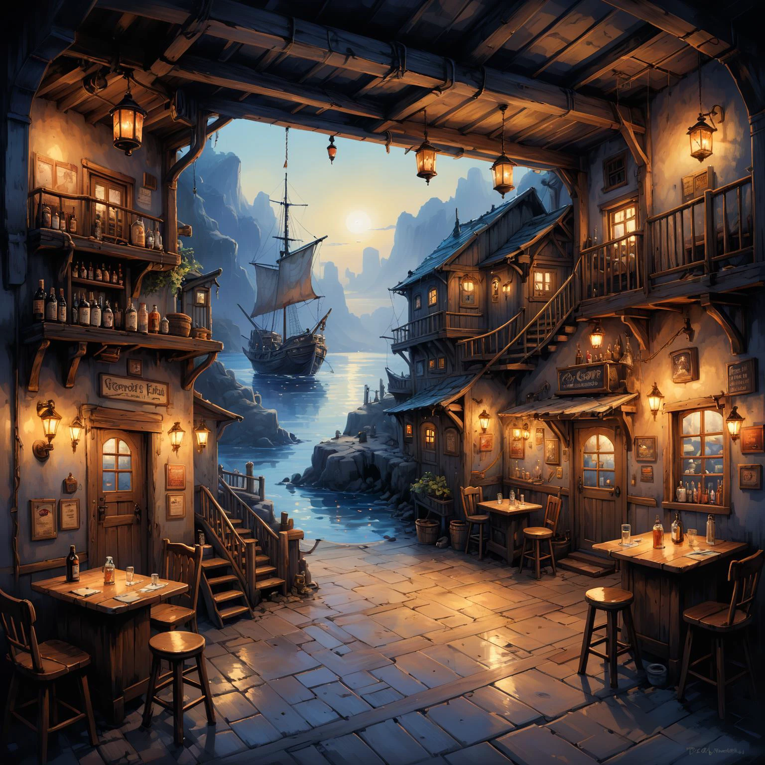 A vivid, 2d game scene of a pirate cove, oil and watercolor painting, a cozy rustic tavern and bar, brimming with the lively atmosphere of pirate life and grog, nestled within the heart of a bustling pirate cove reminiscent of the Monkey Island game series. Inside the tavern, rugged pirates share tales and laughter over mugs of grog. The wooden interior is adorned with nautical relics and lit by flickering lanterns, creating a warm inviting ambiance. Through the windows the distant view extends out to the cove: weathered pirate ships at dock, their sails marked with skulls and crossbones, sway gently in the harbor. This tavern scene captures the essence of pirate adventure and camaraderie, serving as a window to the whimsical and thrilling world just outside its doors.<lora:Retro_Illustration:1> (masterpiece:1.4), best quality