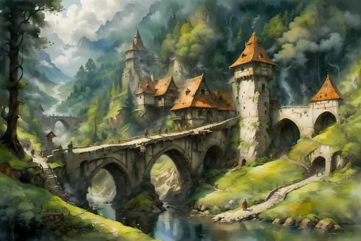 mediaeval hamlet, mountain, bridge, forest, people, clouds, smoke, fog <lora:xl_more_art-full_v1:1> <lora:Retro_Illustration:1> 2d game scene, oil and watercolor painting,, (masterpiece:1.2), best quality