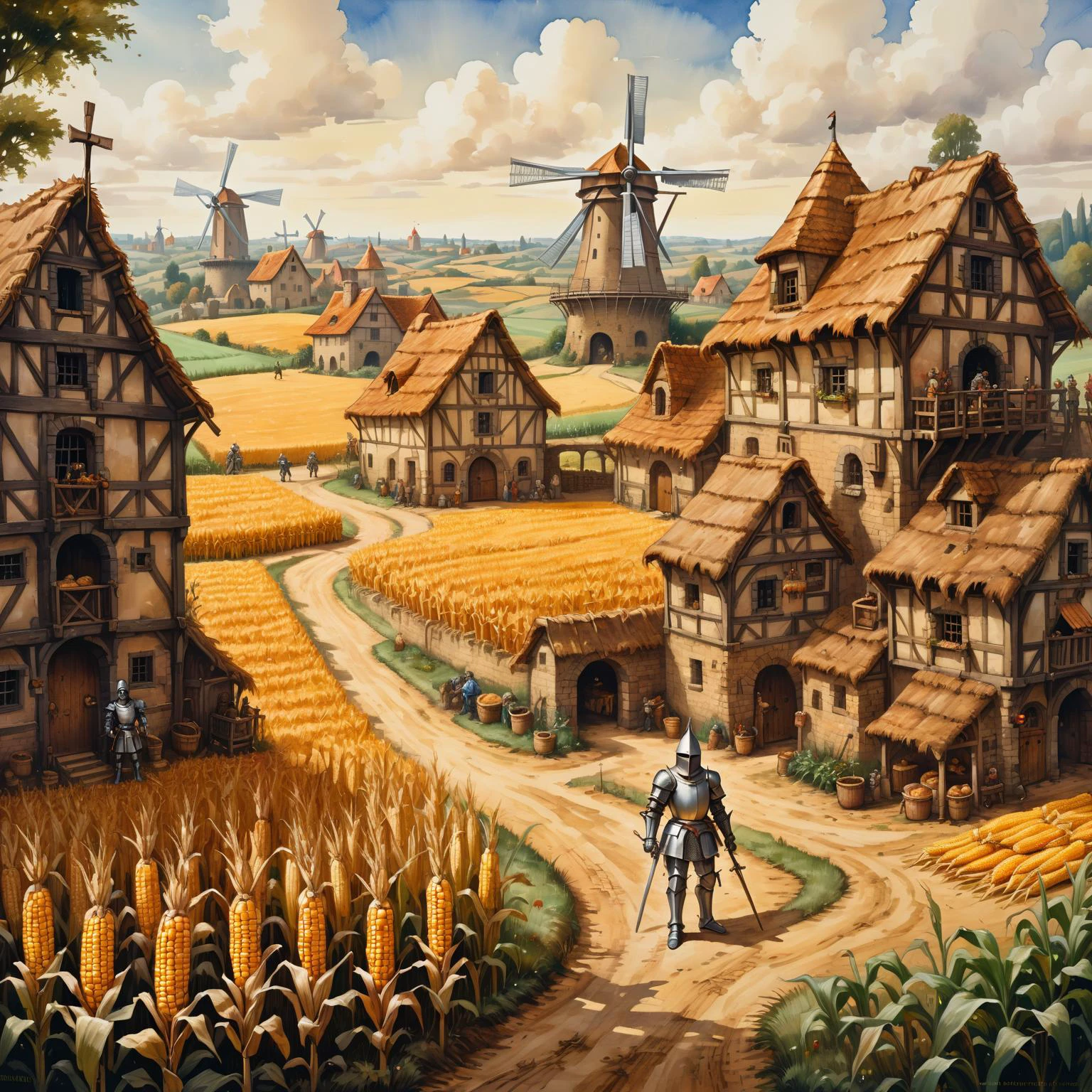 2d game scene, oil and watercolor painting, set in a medieval milieu with corn fields, scarecrow, windmills, bakery, knights in shining armour, barracks and picturesque houses (masterpiece:1.2), best quality,<lora:Retro_Illustration:1>, intricate detailing,