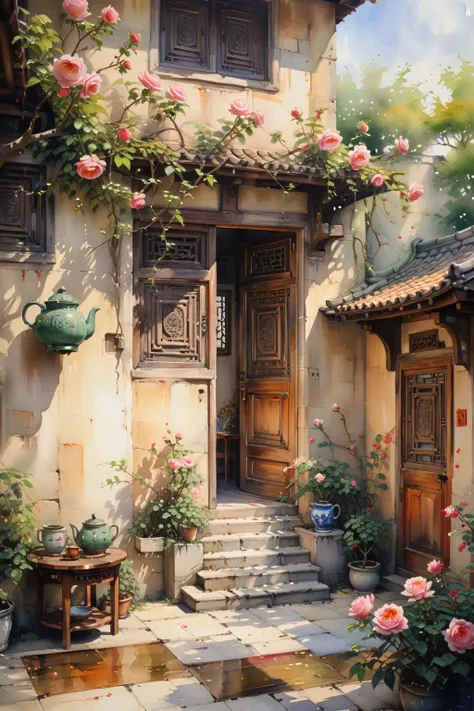 Open Chinese-style carved wooden door with stained glass Windows,a round coffee table,a teapot,several cups,very fine China,hot,outside the courtyard full of flowers,(Climbing Roses from the eaves:1.4),hanging on both sides of the door,afternoon sunshine,soft light and shadow,light spots,professional photography,Zen composition,from the interior shooting,Depth of Field,
masterpiece,best quality,highly detailed,ultra-fine painting,sharp focus,physically-based rendering,extreme detail description,Professional,UHD,8K,by Alson Skinner Clark,<lora:xl_more_art-full_v1:0.6>,<lora:Retro_Illustration:1>, OIL AND WATERCOLOR PAINTING,