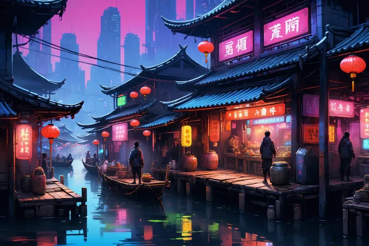 <lora:Retro_Illustration:1> 2d game scene, oil and watercolor painting, chinese floating market, (cyberpunk:1.2), neon lights, night, (masterpiece:1.2), best quality