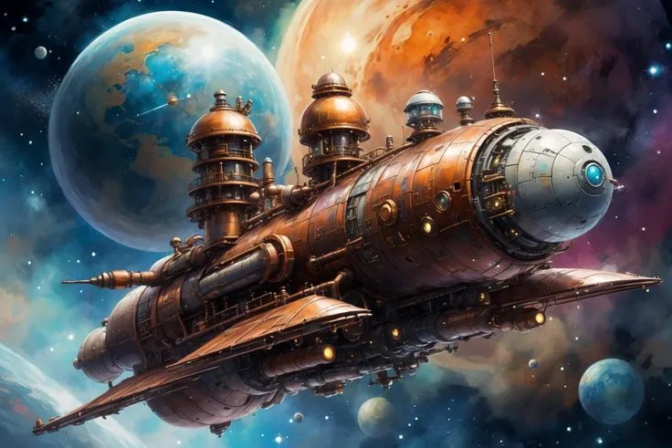 <lora:Retro_Illustration:1> 2d game scene, oil and watercolor painting, steampunk space ship in orbit of a planet in background, star dust, steam, bokeh, (masterpiece:1.2), best quality