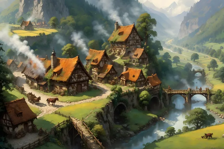 landscape, in the style of carne griffifths,  (high fantasy:1.3),mountain range, banner, ivy, scenery valley, mediaeval hamlet, timberframe houses, people doing chores, carts, horses, , bridges, forest, river, fog, smoke,  <lora:add-detail-xl:1> misc <lora:d\EnvyTinyWorldsXL01:1> tilt-shift,  <lora:Retro_Illustration:1> 2d game scene, oil and watercolor painting, (masterpiece:1.2), best quality, (hyperdetailed, highest detailed:1.2), high resolution textures, <lora:EnvyBetterHiresFixXL01:1>