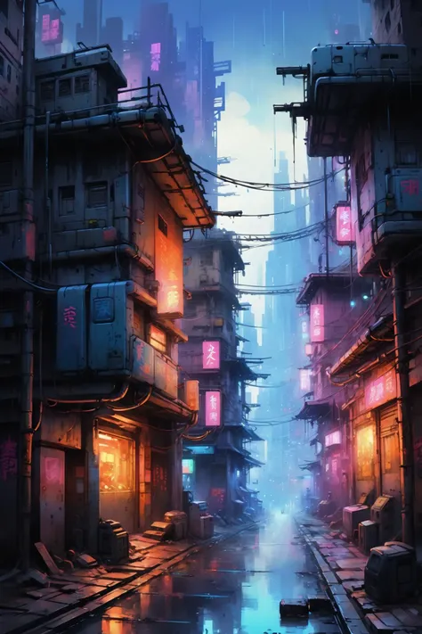 <lora:Retro_Illustration:1> 2d game scene, oil and watercolor painting, scenery, cyberpunk slums, (masterpiece:1.2), best quality