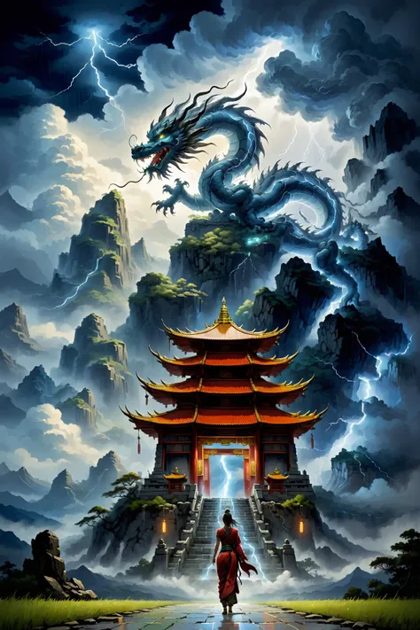 woman standing infront of buddhist temple in the mountains, dragon in storm clouds, lightning, rain, dark sky <lora:Storm_Cloud_Style:0.9> martius_storm <lora:Retro_Illustration:1> 2d game scene, oil and watercolor painting, (masterpiece:1.2), best quality, (hyperdetailed, highest detailed:1.2), high resolution textures, <lora:EnvyBetterHiresFixXL01:1>