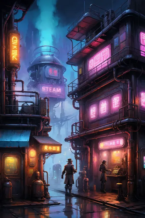 <lora:Retro_Illustration:1> 2d game scene, oil and watercolor painting, steampunk scene, cyberpunk elements, neon signs, steam, fog, (masterpiece:1.2), best quality