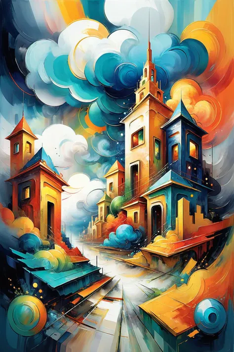 d3qck artstyle,<lora:d3qck_artstyle:0.65>,<lora:EnvyStylizedXL02:1>,
oil and watercolor painting,
8k,highly detailed,living,amazing fantasy cloud city at the beginning of time,
this artwork blurs the boundaries between realism:1.1 and abstraction:1.1,transforming geometric shapes:1.1 into a surreal and paradoxical landscape:1.2,