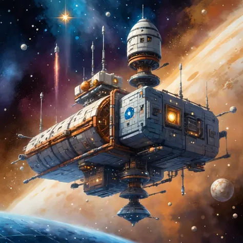 <lora:Retro_Illustration:1> 2d game scene, oil and watercolor painting, space station made of bricks, star dust, steam, bokeh, (masterpiece:1.2), best quality