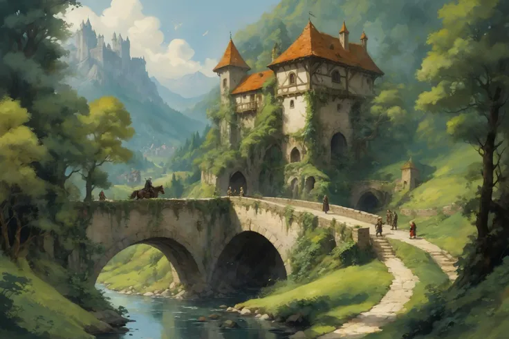 mediaeval hamlet, mountain, bridge, forest, people, clouds, smoke, ivy <lora:Retro_Illustration:1> 2d game scene, oil and watercolor painting, (masterpiece:1.2), best quality, (masterpiece:1.2), best quality