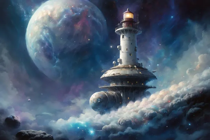 <lora:Retro_Illustration:1> 2d game scene, oil and watercolor painting, a space station that looks like a lighthouse sitting on an asteroid in a space nebula <lora:FusionDraw9257_Nebula_SDXL:1> nebula, stardust, (masterpiece:1.2), best quality