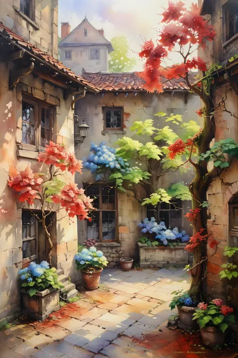 The view from a wooden window,a beautiful courtyard,a large number of flowers,all kinds of colors,an old red maple in the corner of the wall,twisted branches,old and elegant,under the tree planted hydrangeas and hota,claming rose over the wall and fell down,the afternoon sun is soft and warm,light spots,depth of field,<lora:Retro_Illustration:1>,OIL AND WATERCOLOR PAINTING,<lora:xl_more_art-full_v1:0.6>,