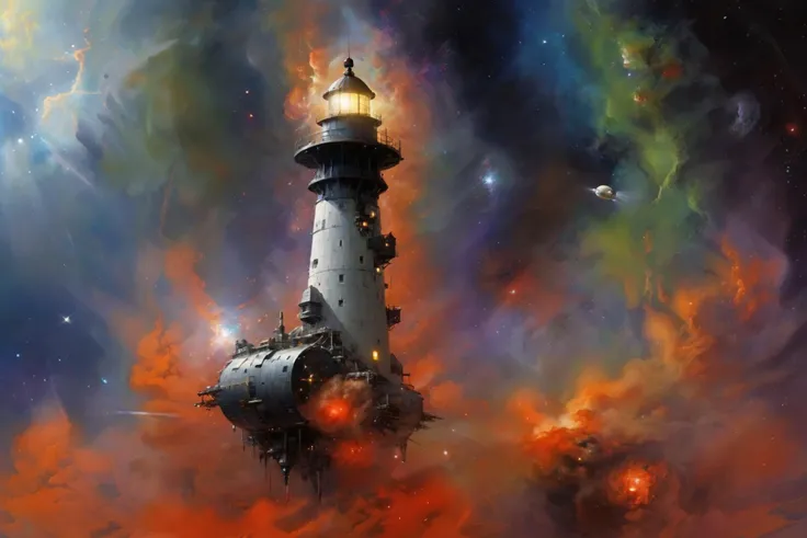 <lora:Retro_Illustration:1> 2d game scene, oil and watercolor painting, a space station that looks like a lighthouse sitting on an asteroid in a space nebula <lora:FusionDraw9257_Nebula_SDXL:1> nebula, stardust, (masterpiece:1.2), best quality
