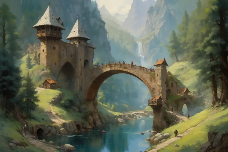 mediaeval hamlet, mountain, bridge, forest, people, clouds, smoke, ivy <lora:Retro_Illustration:1> 2d game scene, oil and watercolor painting, (masterpiece:1.2), best quality, (masterpiece:1.2), best quality