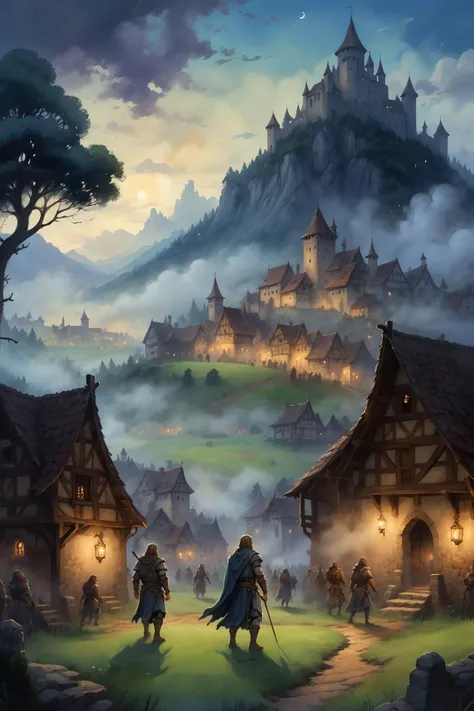 <lora:Retro_Illustration:1> 2d game scene, oil and watercolor painting, scenery, mediaeval town, meadows, people, clouds, fog, mountain, tree, forest, night time <lora:EnvyFantasticXL01:1> fantastic, (masterpiece:1.2), best quality